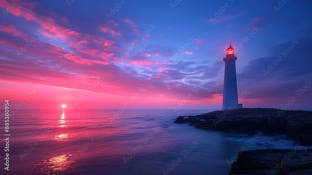 A lighthouse silhouetted against the sky at dawn, with soft pastel pink and blue clouds creating a serene backdrop. The scene captures the hope of a new day in its most tranquil form. A lighthouse silhouetted against the sky at dawn, with soft pastel pink and blue clouds creating a serene backdrop. The scene captures the hope of a new day in its most tranquil form.
