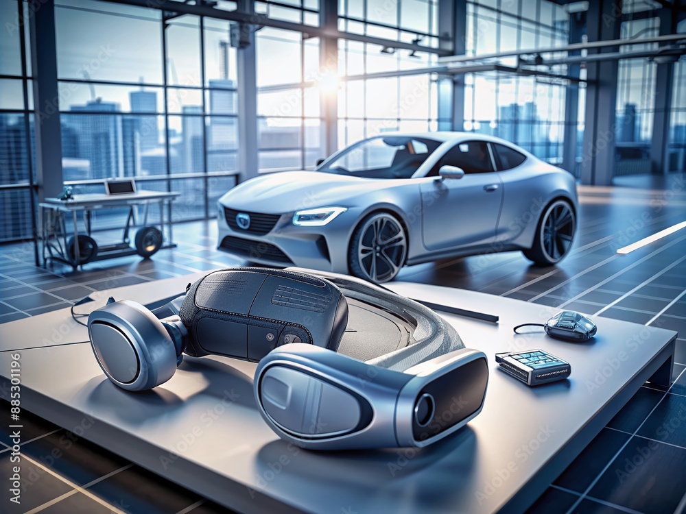 Futuristic virtual reality headset and controllers sit on a sleek, silver desk, surrounded by virtual car design blueprints and futuristic automotive tech gadgets.