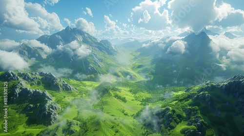 Stunning mountains and grasslands, a lush natural landscape with an overall sense of fantasy. Stock photo.