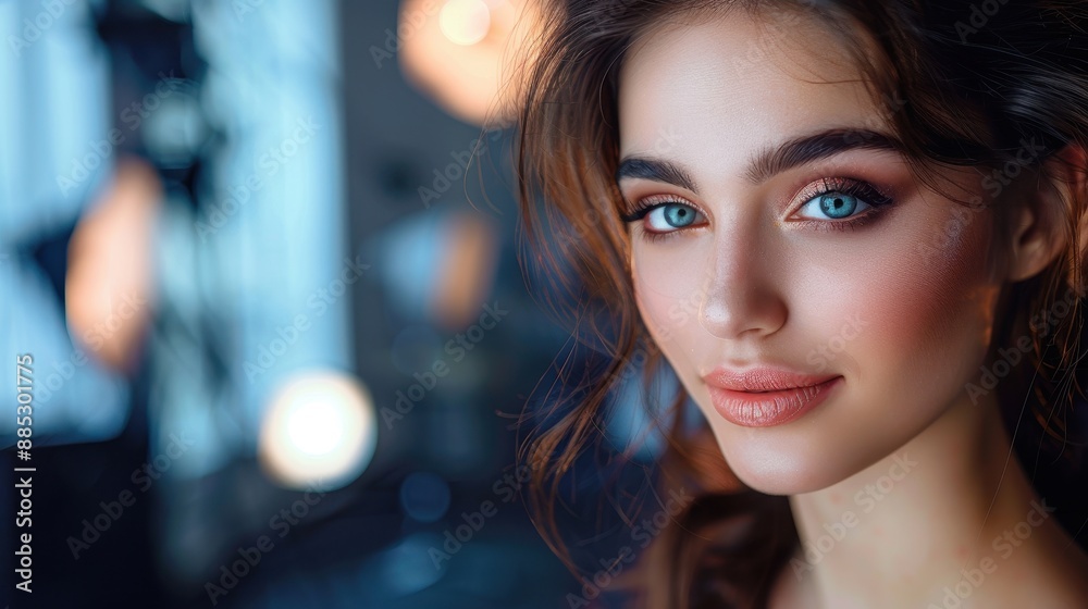 A professional makeup artist working in a high-tech studio environment A professional makeup artist working in a high-tech studio environment