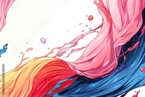 Colorful abstract painting with vibrant swirls of pink blue and orange hues photo