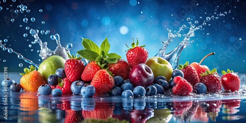Still life of fruits and berries with water drops on a blue background in hyper realistic style, fruit