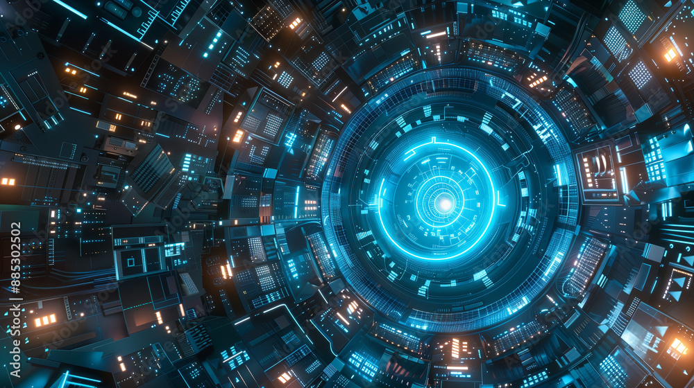 Fototapeta premium futuristic blue circular portal with glowing energy and complex digital patterns,