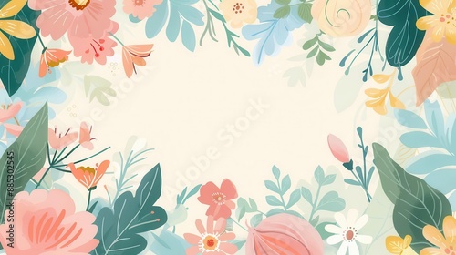 charming spring flower frame with cute cartoonish blossoms and leaves pastel colors and whimsical designs create a playful border around a blank central space