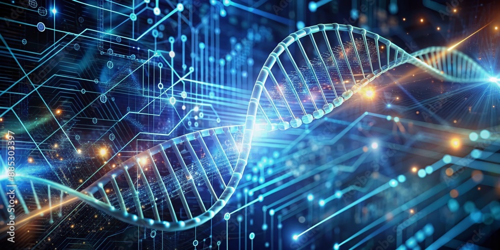 Illuminated DNA helix on a futuristic background surrounded by coding lines, circuit boards, and computational graphs, depicting genomic data analysis and assembly. Illuminated DNA helix on a futuristic background surrounded by coding lines, circuit boards, and computational graphs, depicting genomic data analysis and assembly.