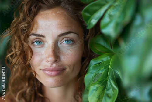 Close-up portrait of woman with curly hair, blue eyes, smiling among green leaves. Highlights commitment sustainability, connectio nature, and innovation in green technology. photo