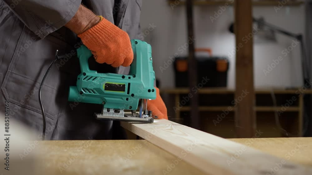 Carpenter Using Electric Jigsaw to Cut Wooden Plank in Workshop Carpenter Using Electric Jigsaw to Cut Wooden Plank in Workshop