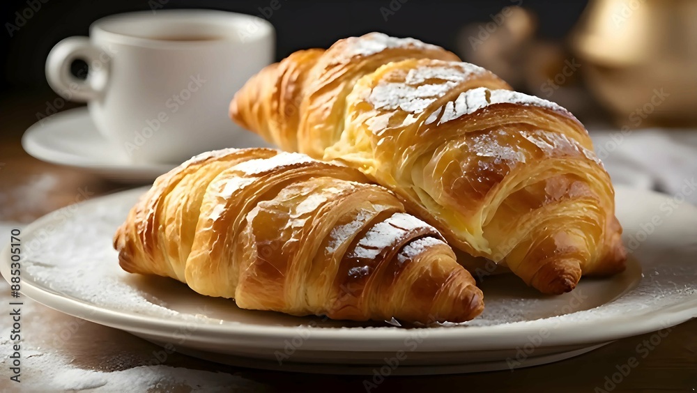 Two flaky croissants dusted with powdered sugar on a plate beside a cup of coffee. Two flaky croissants dusted with powdered sugar on a plate beside a cup of coffee.
