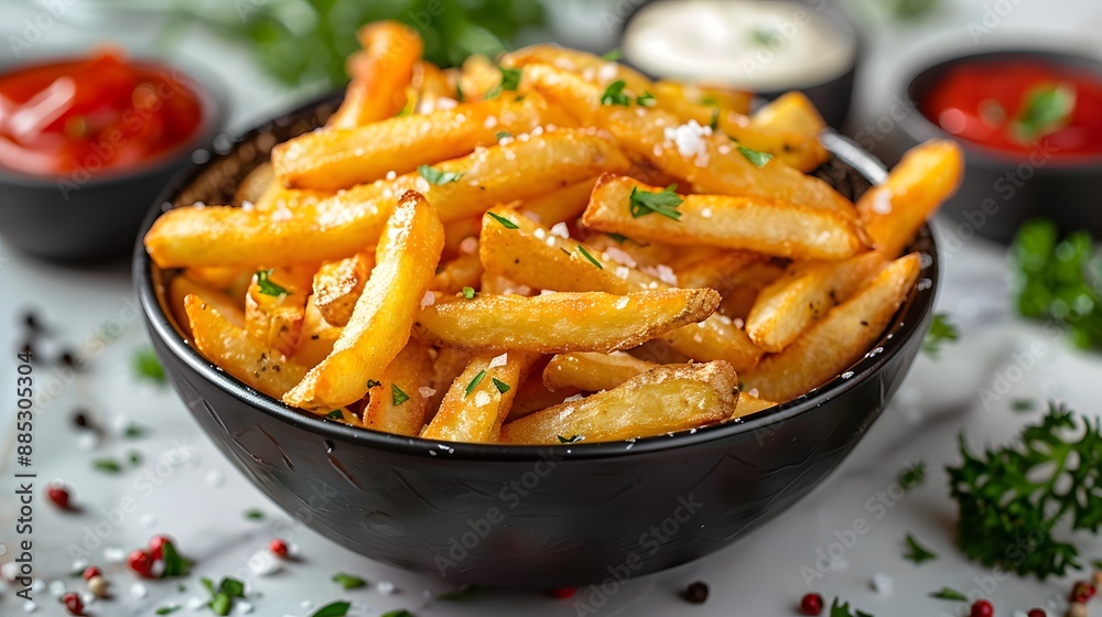 Crispy golden french fries in black ceramic bowl, luxury white marble tabletop, gourmet fast food presentation, vibrant colors, side dishes of ketchup and mayo in small ramekins. Crispy golden french fries in black ceramic bowl, luxury white marble tabletop, gourmet fast food presentation, vibrant colors, side dishes of ketchup and mayo in small ramekins.