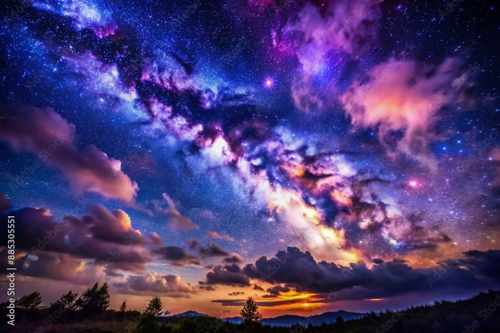 Fototapeta premium Vibrant purple and blue hues danced across the dark sky, adorned with twinkling stars and wispy cloud formations, evoking a sense of celestial wonder.