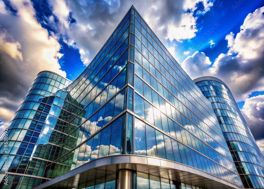 Fototapeta premium Sleek glass and steel modern bank building with curved lines and angular edges, set against a bright blue sky with fluffy white clouds.