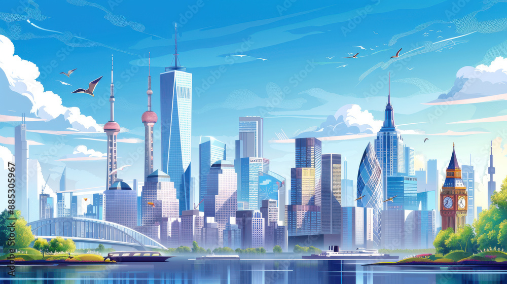 Obraz premium A modern city skyline with iconic landmarks and a clear blue sky