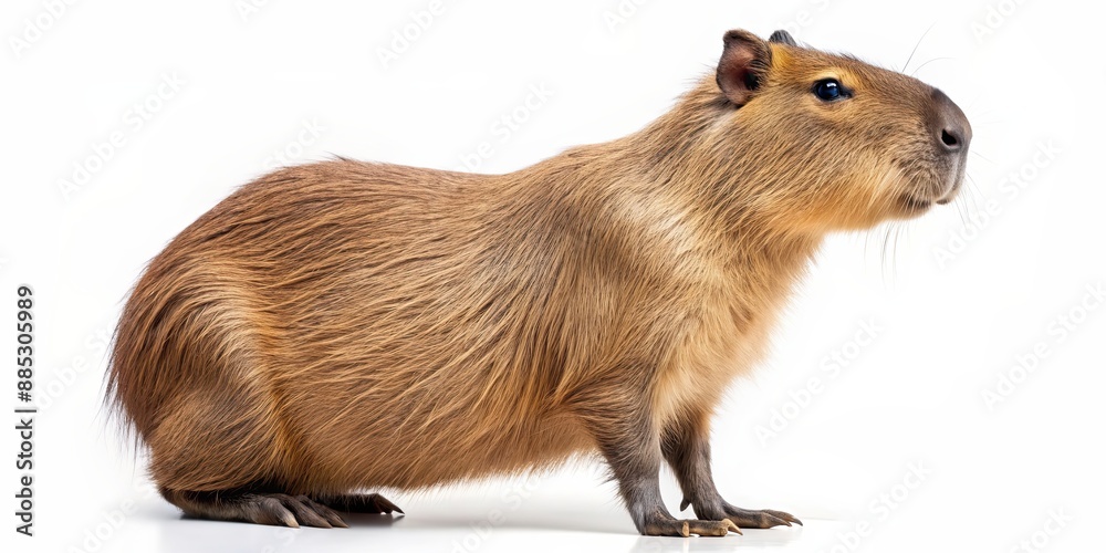 Fototapeta premium Capybara isolated on white background, capybara, animal, rodent, mammal, wildlife, isolated, white background, cute