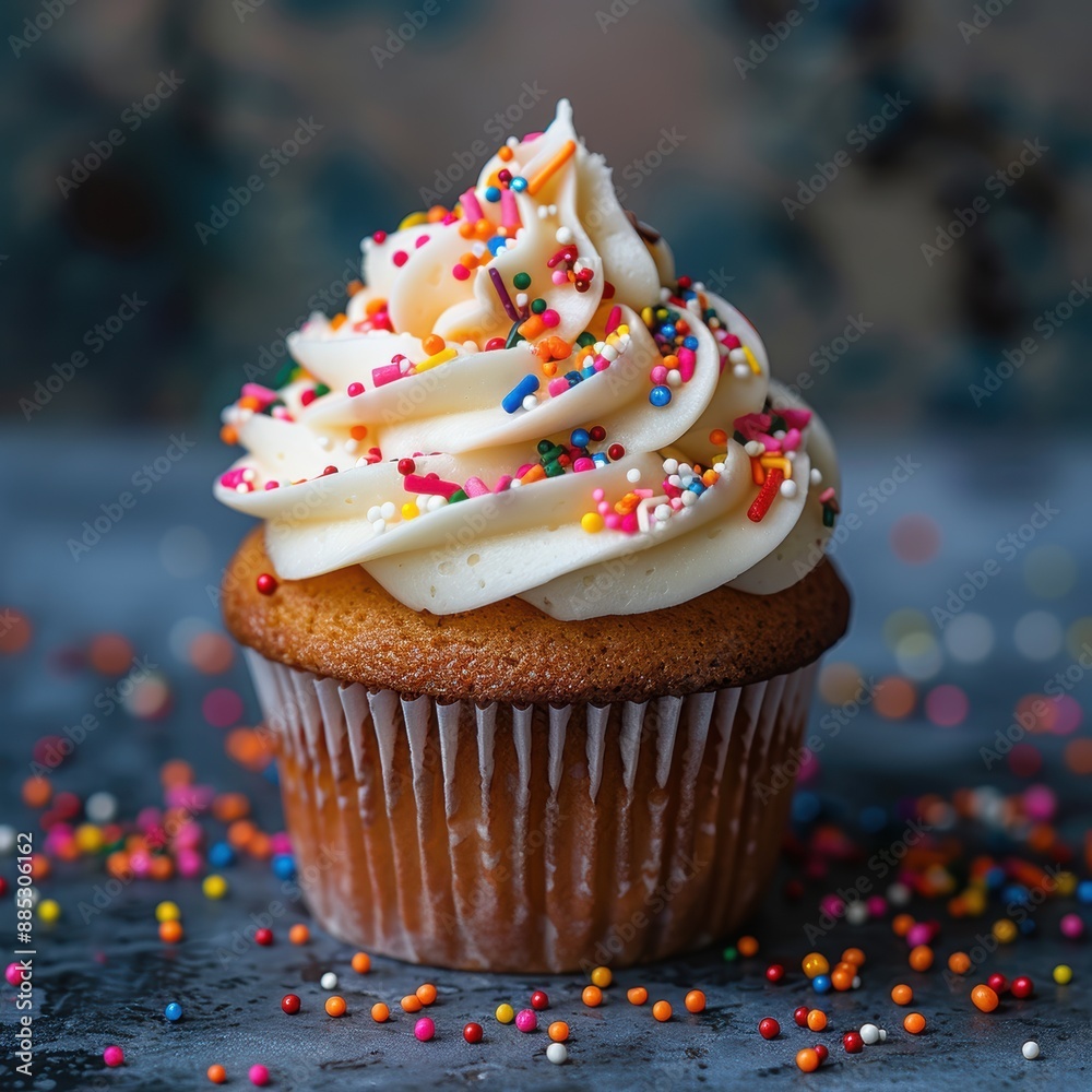 A cupcake with a white frosting and colorful sprinkles on top A cupcake with a white frosting and colorful sprinkles on top