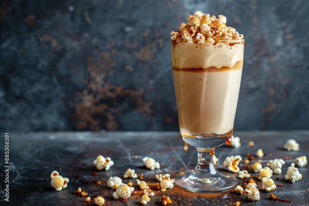 A sweet milkshake with caramel syrup, cream liqueur, caramel popcorn, and chocolate powder on a brown background. A sweet milkshake with caramel syrup, cream liqueur, caramel popcorn, and chocolate powder on a brown background.