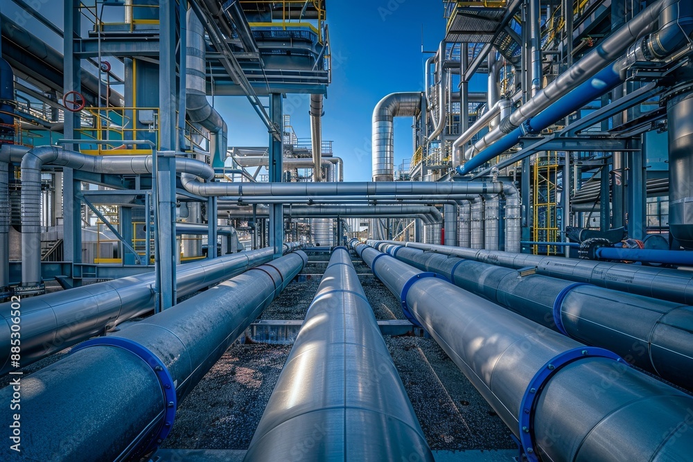 An image of a modern natural gas plant with pressure dials on its pipes An image of a modern natural gas plant with pressure dials on its pipes