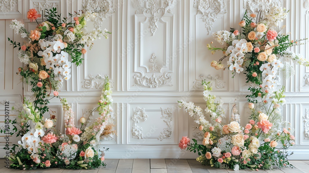 White and Peach Floral Arrangement Against a White Ornate Wall. White and Peach Floral Arrangement Against a White Ornate Wall.