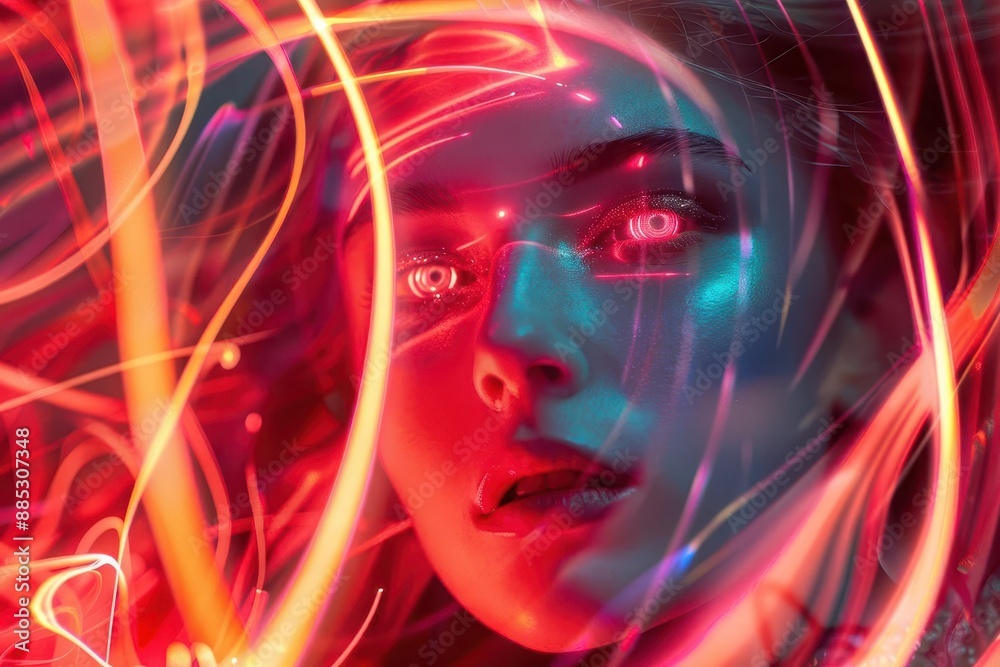 cyberpunk portrait of a young woman illuminated by swirling neon red and pink light trails futuristic makeup and hairstyle blend with the dynamic hightech urban nightscape cyberpunk portrait of a young woman illuminated by swirling neon red and pink light trails futuristic makeup and hairstyle blend with the dynamic hightech urban nightscape