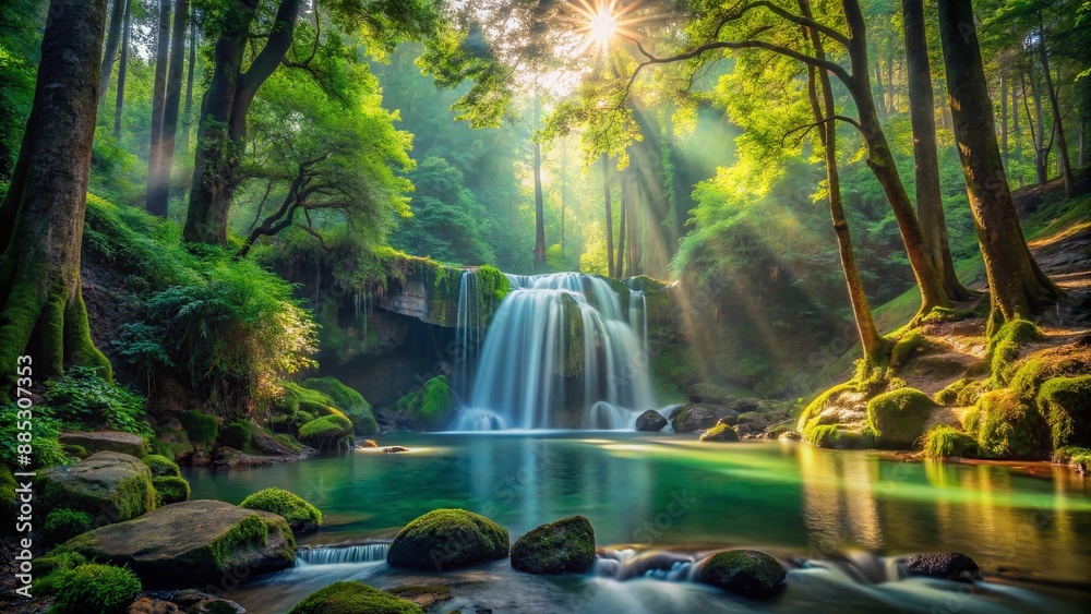 Fototapeta premium Serene forest setting with towering trees and gentle waterfall sounds, evoking a sense of calm and tranquility, perfect for relaxation and introspection.