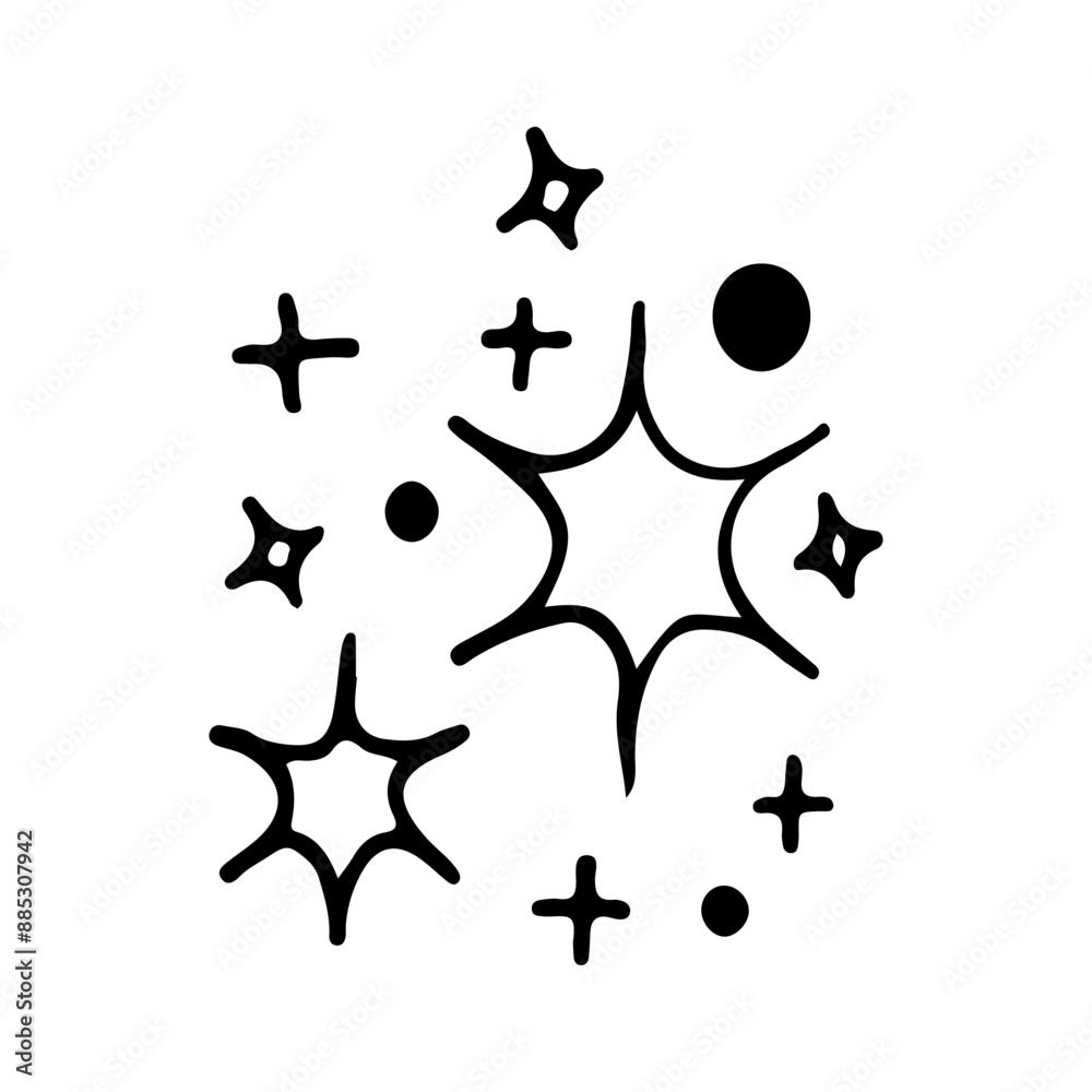 Stars and sparkles doodle illustration. Twinkle, blink, firework, glitter silhouette and glowing symbols in sketch style. Hand drawn vector illustration isolated on white background Stars and sparkles doodle illustration. Twinkle, blink, firework, glitter silhouette and glowing symbols in sketch style. Hand drawn vector illustration isolated on white background