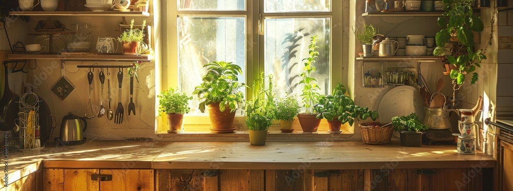 A wooden bar counter in a kitchen with lots of natural light and a natural setting, Stocked A wooden bar counter in a kitchen with lots of natural light and a natural setting, Stocked