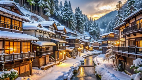 Snow-covered traditional Japanese ryokans line the quiet streets of Ancient Ginzan onsen village, surrounded by frozen landscapes and towering evergreen trees in winter. photo