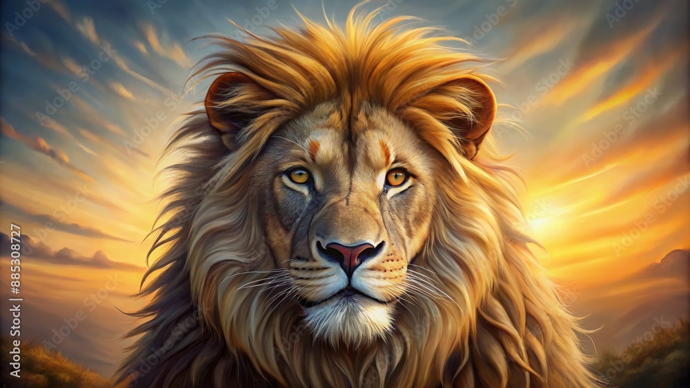 Fototapeta premium Majestic lion illustration with vibrant golden fur, regal mane, and piercing eyes, set against a subtle gradient background, evoking wild African savannah atmosphere.