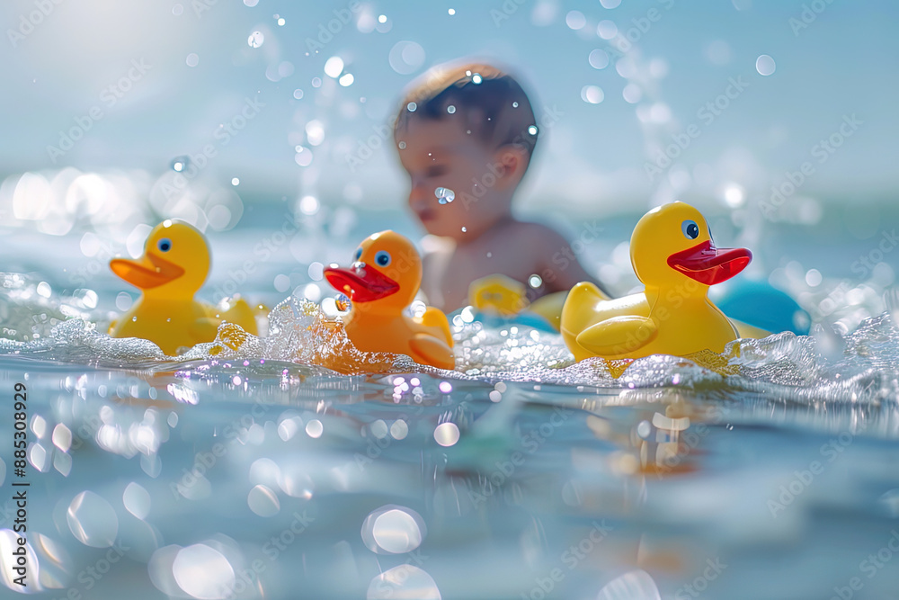 Kind im Wasser mit Badespielzeug im Urlaub