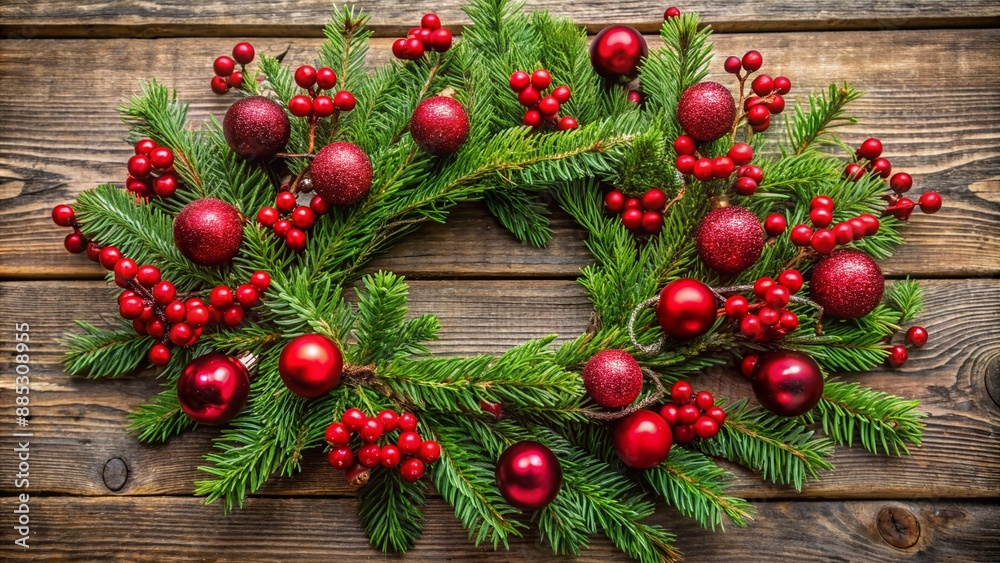 Fresh evergreen branches and crimson berries intertwined with sparkly ornaments on a rustic wooden worktable, awaiting final touches to become a stunning Christmas wreath masterpiece. Fresh evergreen branches and crimson berries intertwined with sparkly ornaments on a rustic wooden worktable, awaiting final touches to become a stunning Christmas wreath masterpiece.
