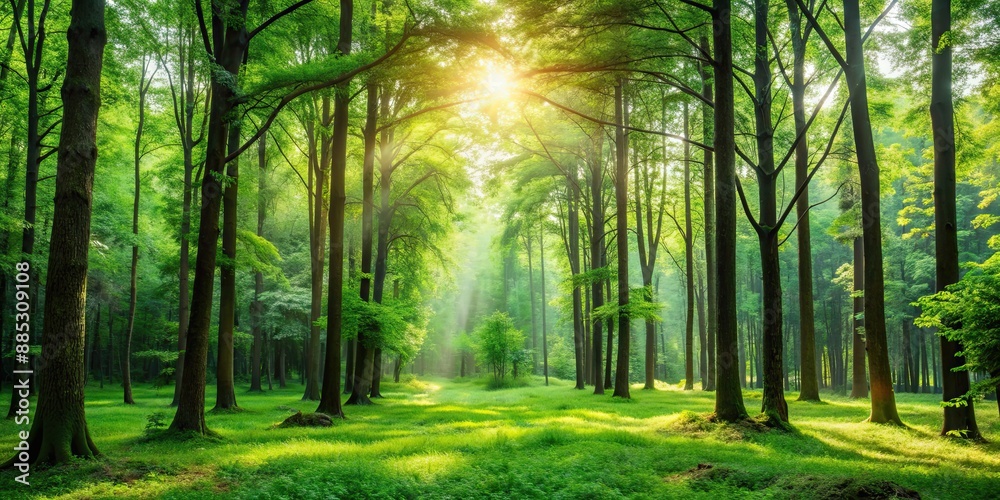 Naklejka premium Serene forest landscape with lush greenery and tall trees, Forest, trees, greenery, nature, landscape, serene