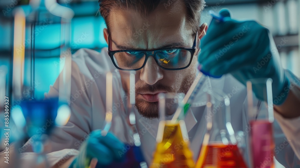 Chemist using a pipette to mix colorful chemical solutions in a beaker under a fume hood