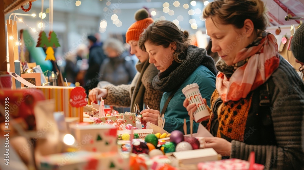 Fototapeta premium People participating in a festive holiday craft fair, creating and selling handmade gifts and decorations