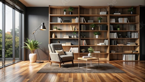 Modern minimalist living room interior design featuring armchair, polished wooden floor, and floor-to-ceiling bookshelf against a sleek black wall with ample copy space.