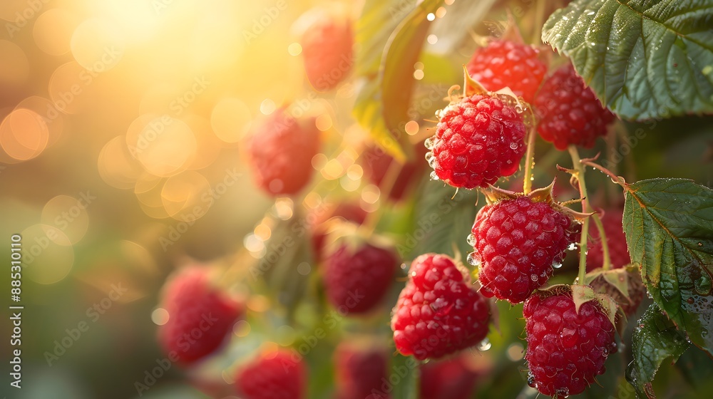 Ripe raspberries on the bush, vibrant red berries, lush green leaves, soft sunlight, golden hour, macro photography, shallow depth of field, garden scene, summer harvest. Ripe raspberries on the bush, vibrant red berries, lush green leaves, soft sunlight, golden hour, macro photography, shallow depth of field, garden scene, summer harvest.