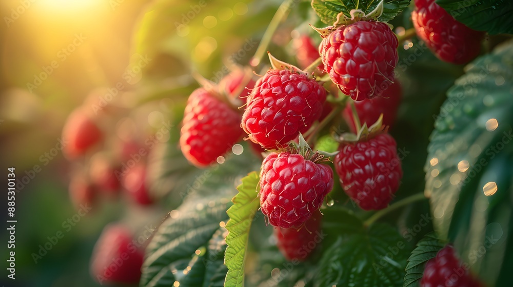 Ripe raspberries on the bush, vibrant red berries, lush green leaves, soft sunlight, golden hour, macro photography, shallow depth of field, garden scene, summer harvest. Ripe raspberries on the bush, vibrant red berries, lush green leaves, soft sunlight, golden hour, macro photography, shallow depth of field, garden scene, summer harvest.