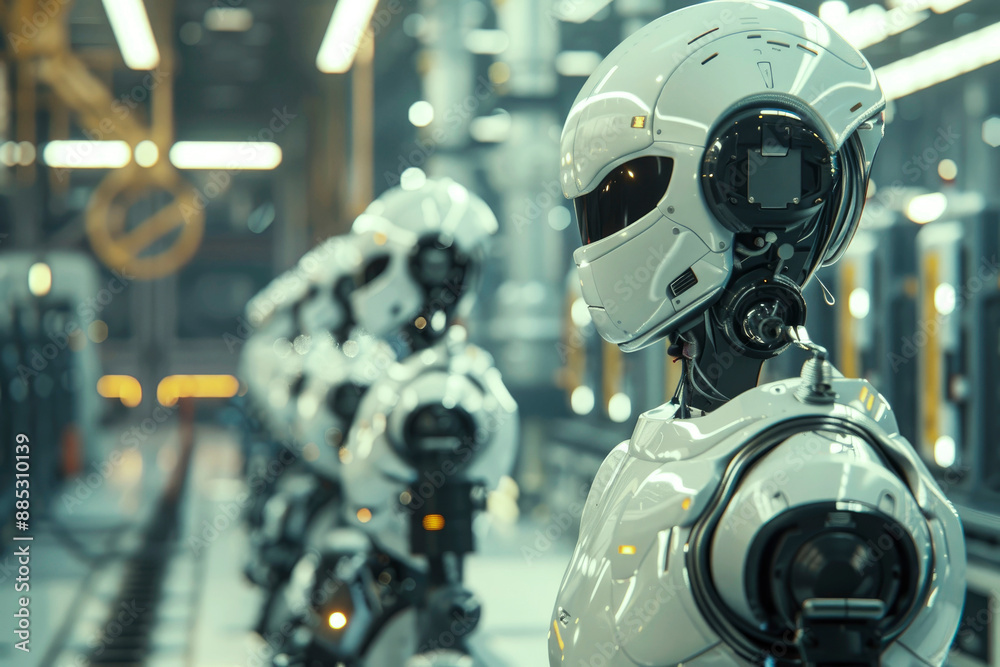 Robots are aligned in a high-tech manufacturing facility, showcasing advanced technology and automation in a futuristic environment. Robots are aligned in a high-tech manufacturing facility, showcasing advanced technology and automation in a futuristic environment.