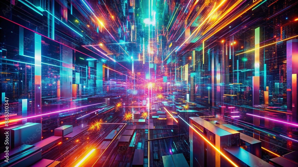 Vibrant neon lights swirl across a futuristic glitch art backdrop, distorted pixels and fractured shapes create a mesmerizing abstract digital landscape of pure energy. Vibrant neon lights swirl across a futuristic glitch art backdrop, distorted pixels and fractured shapes create a mesmerizing abstract digital landscape of pure energy.