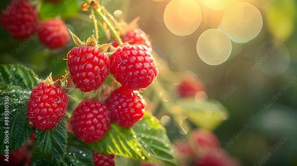Ripe raspberries on the bush, vibrant red berries, lush green leaves, soft sunlight, golden hour, macro photography, shallow depth of field, garden scene, summer harvest. Ripe raspberries on the bush, vibrant red berries, lush green leaves, soft sunlight, golden hour, macro photography, shallow depth of field, garden scene, summer harvest.