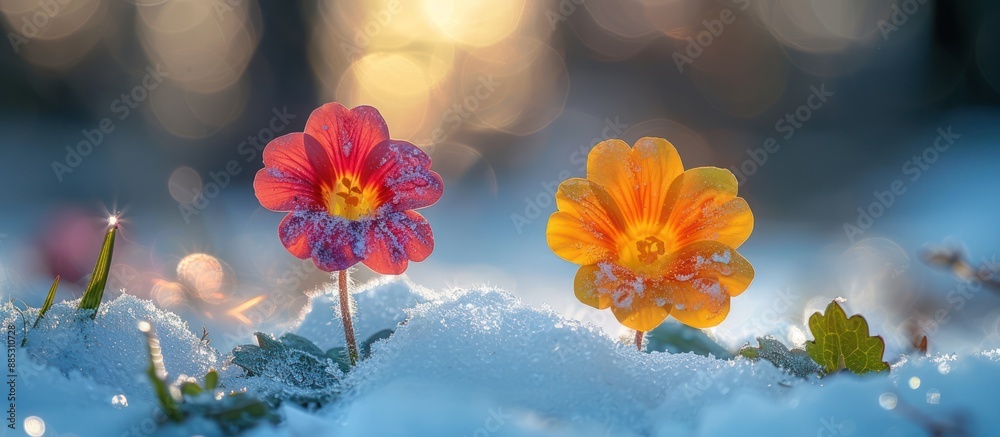 Obraz premium Two Flowers Blooming in the Snow