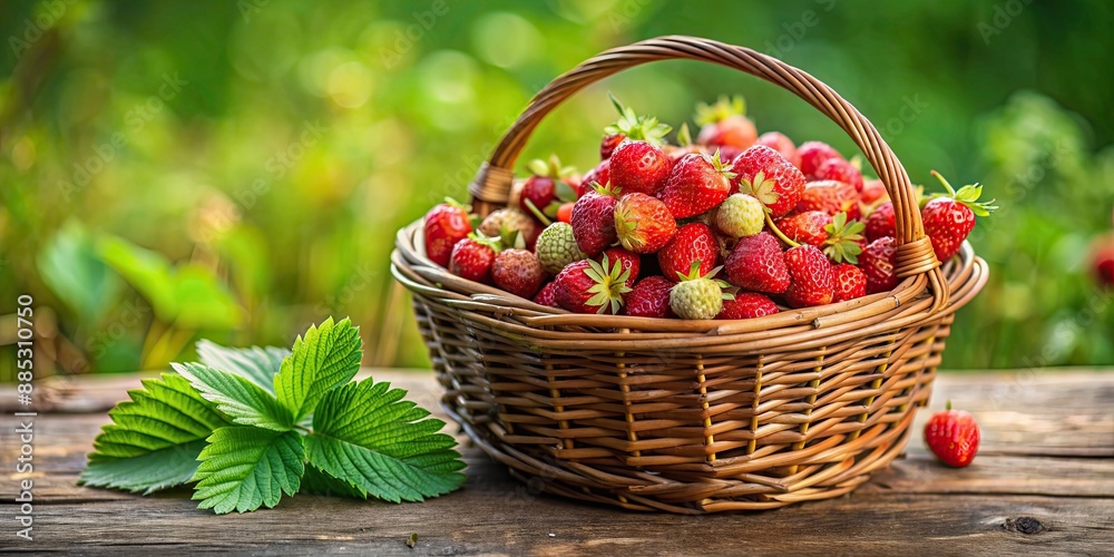 Wild strawberry in a rustic basket , fresh, organic, natural, red, fruit, berries, summer, harvest, farm, wooden, delicious Wild strawberry in a rustic basket , fresh, organic, natural, red, fruit, berries, summer, harvest, farm, wooden, delicious