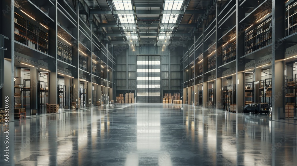 Stylish smart warehouse with bright, clear lighting, clean surfaces, and ample natural light. Stylish smart warehouse with bright, clear lighting, clean surfaces, and ample natural light.