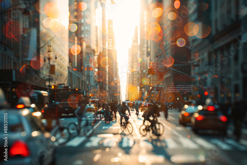 Wallpaper Mural A bustling city street scene at sunset, capturing the energy of urban life with people biking, cars in traffic, and the golden light creating a warm atmosphere. Torontodigital.ca