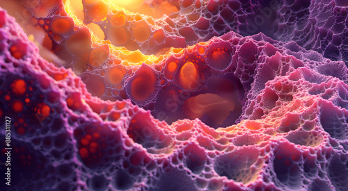 The intricate details of a close-up macro photograph, capturing the textured surfaces and extreme magnification of a sponge-like material.