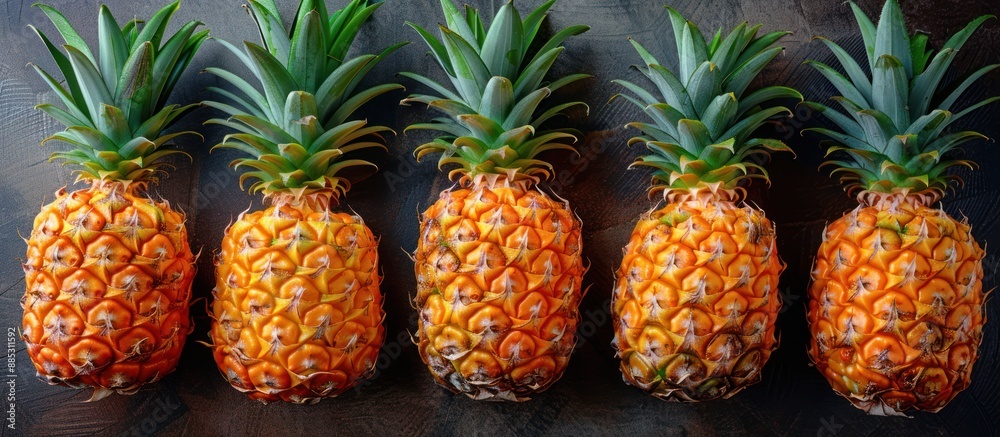 Five Ripe Pineapples Lined Up on a Wooden Table Five Ripe Pineapples Lined Up on a Wooden Table