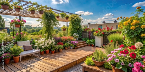 Fototapeta Naklejka Na Ścianę i Meble -  Hidden rooftop garden oasis with blooming flowers , flowers, rooftop, garden, oasis, hidden, serene, tranquil, peaceful, colorful