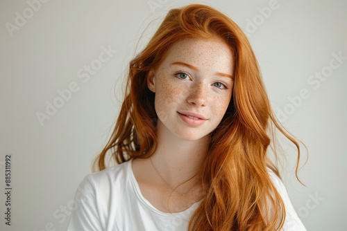 Young attractive woman with long wavy red hair and freckles wearing stylish t-shirt in a happy smile isolated over white background