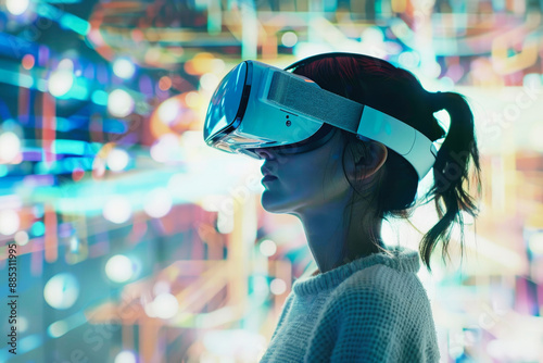 A woman wearing a virtual reality headset surrounded by vibrant and dynamic digital lights, showcasing modern technology and immersive experiences. photo