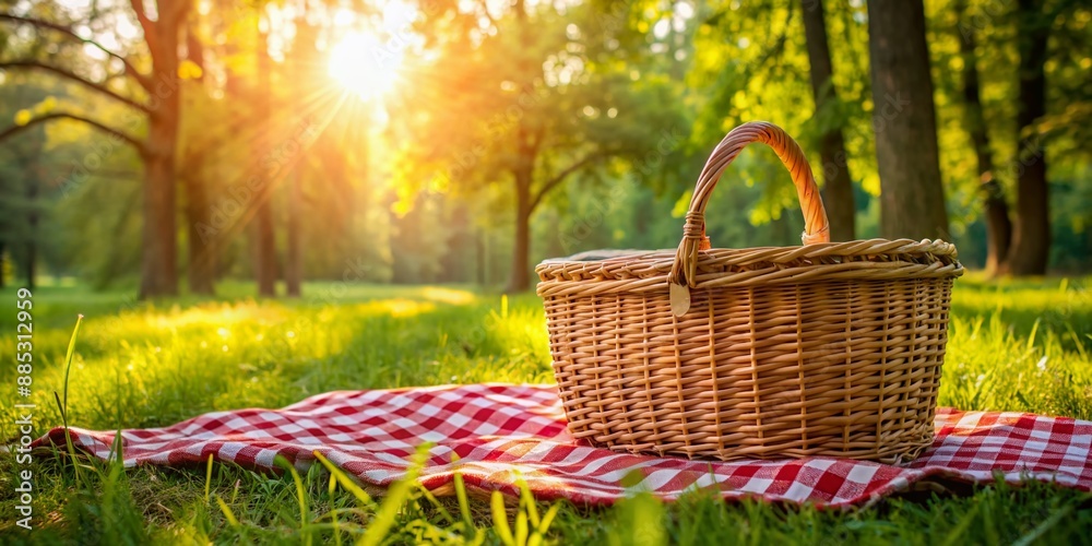 Warm wicker picnic basket adorned with red and white checkered cloth sits serenely on lush green grass, bathed in soft dappled sunlight filtering through trees. Warm wicker picnic basket adorned with red and white checkered cloth sits serenely on lush green grass, bathed in soft dappled sunlight filtering through trees.