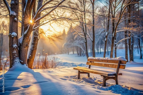 Serene winter scene featuring a rustic wooden bench isolated on snow-covered ground, surrounded by bare trees and a soft focus background.