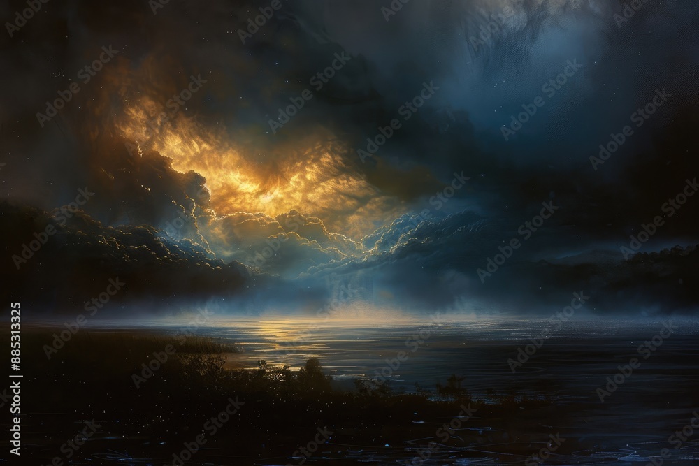 Glowing cloudscape with dark water and bright stars